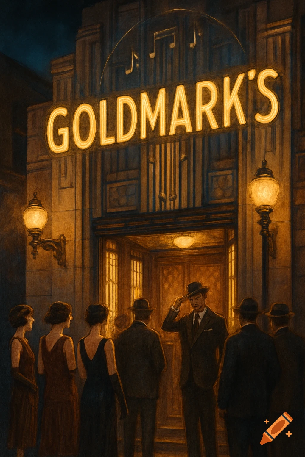 A painterly 1920s club exterior at night. A neon sign reads "GOLDMARK'S" above the entrance, with people in period attire outside.