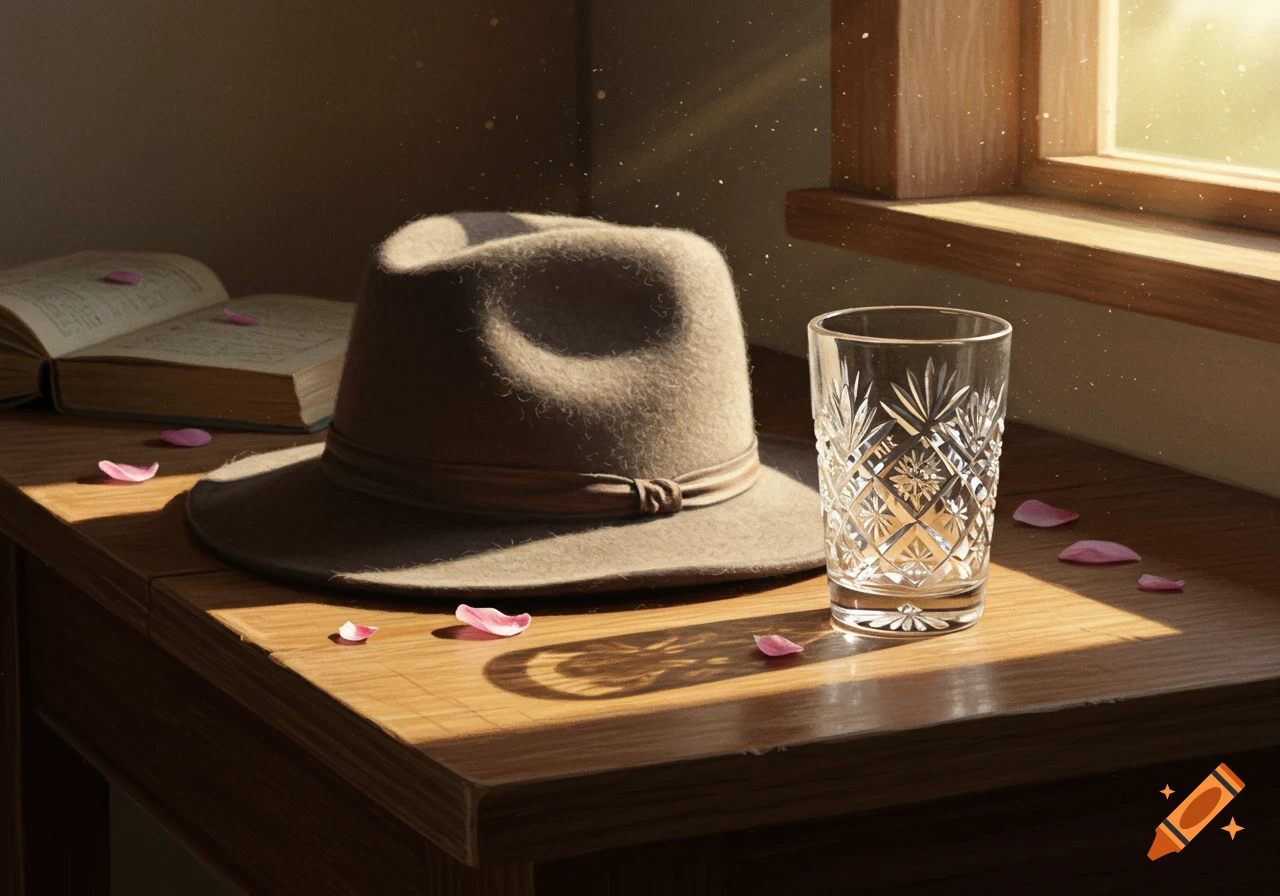 A beige felt fedora, an open book, and a cut crystal glass sit on a sunlit wooden table with scattered pink petals near a window.