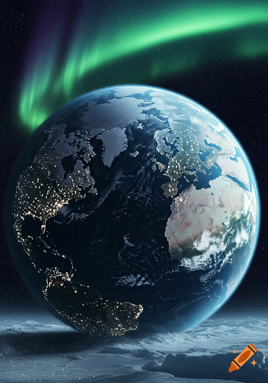 View of Earth from a moon-like surface with city lights visible and a vibrant green aurora in the night sky.