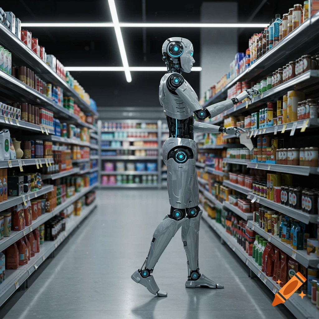 A photorealistic image of a futuristic robot shopping or stocking shelves in a brightly lit supermarket aisle.