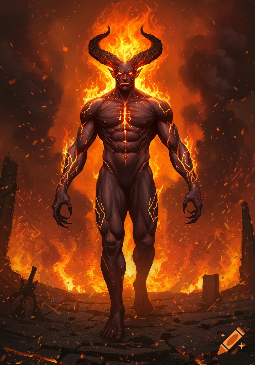 A muscular demon with horns, glowing red eyes, and a body wreathed in flames stands in a desolate, burning landscape.