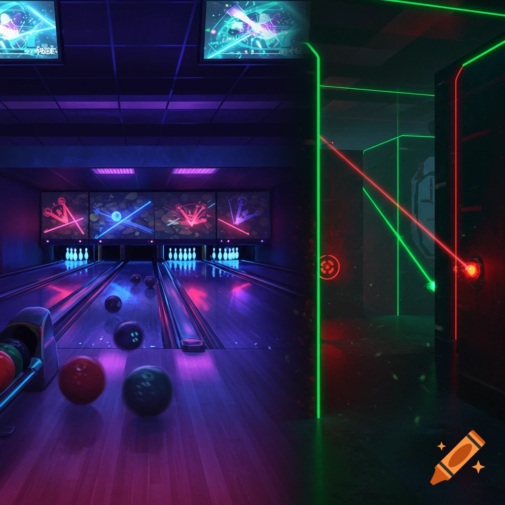 Neon-lit bowling alley with lanes, pins, and balls, transitioning to a dark laser tag arena with green and red lasers.