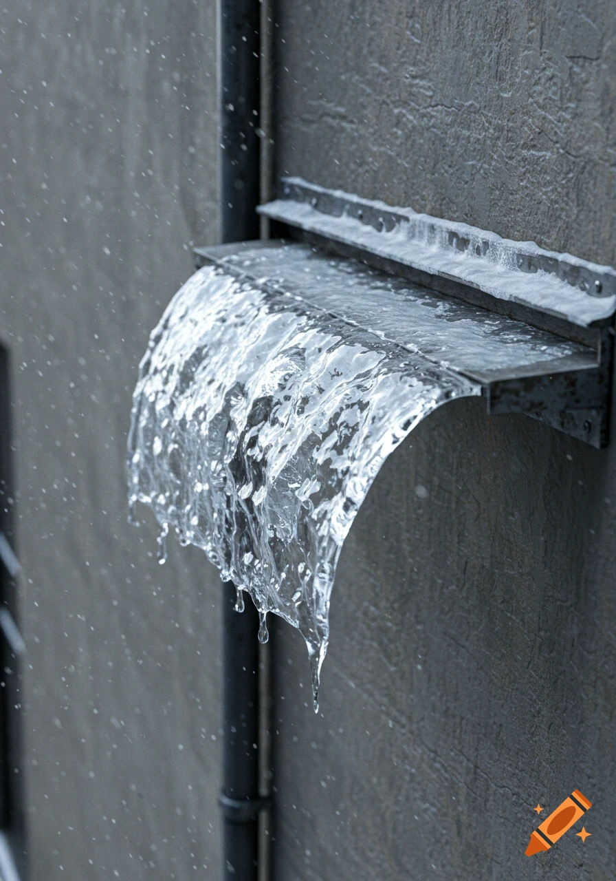Photorealistic close-up of water cascading over a metal ledge mounted on a textured gray wall, with falling droplets.