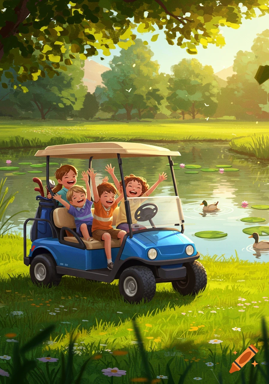 Four cheerful children in a blue golf cart, waving their arms by a pond with ducks, in a lush cartoon illustration.