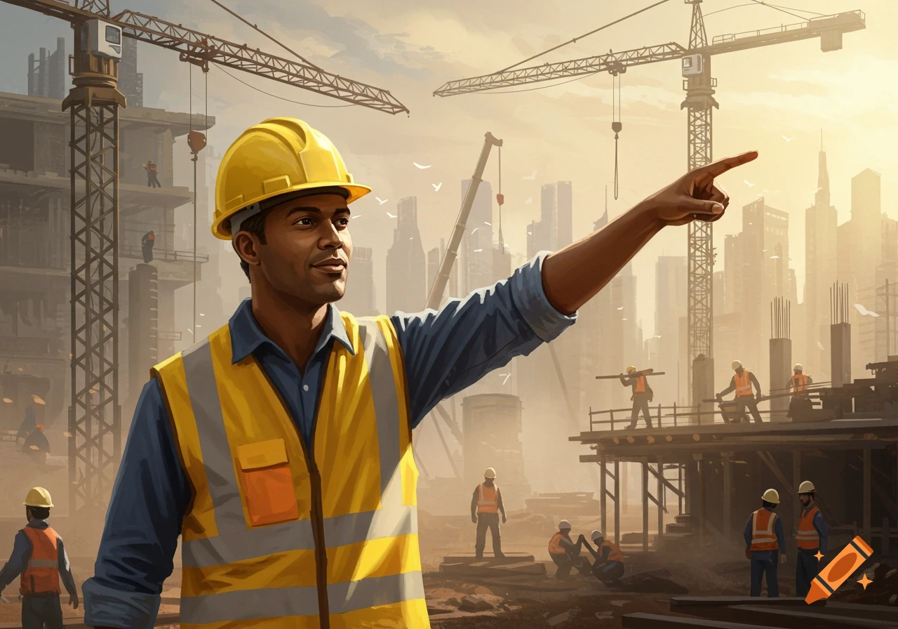 A man in a yellow hard hat and safety vest points at a large construction site with cranes and city buildings in the background.