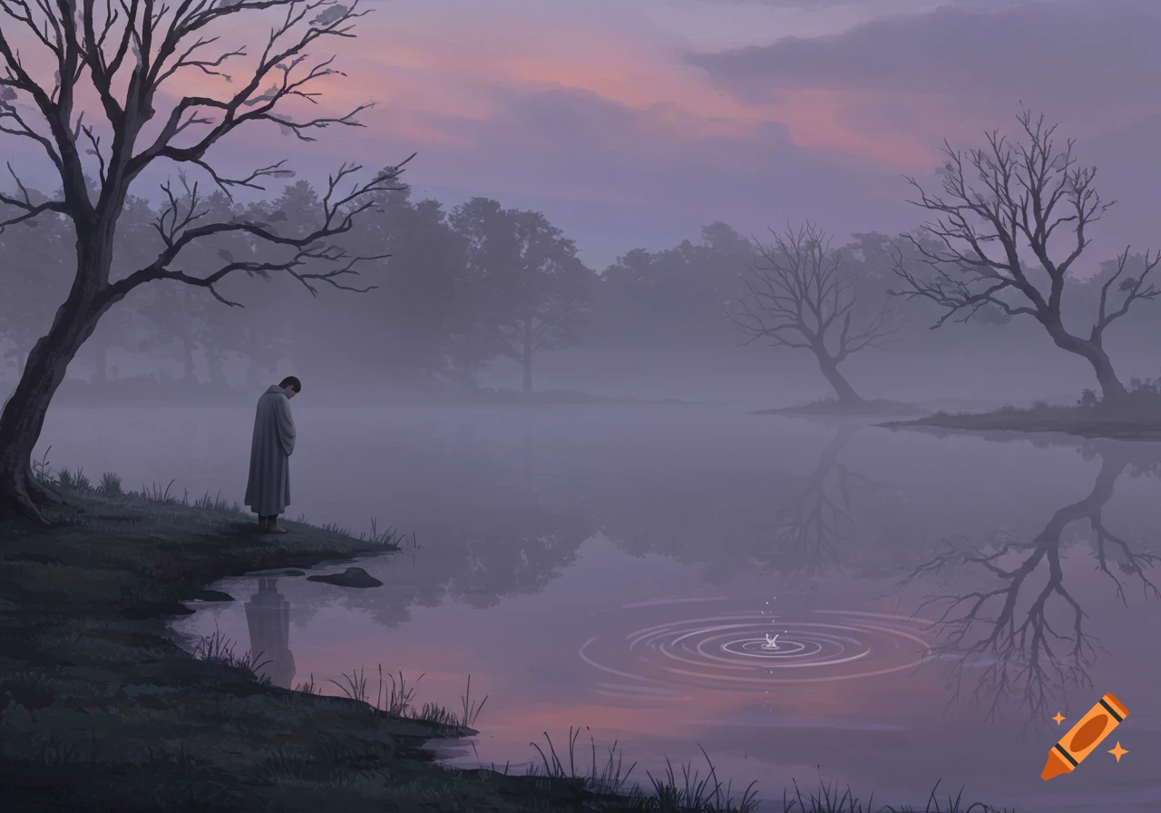 A lone person in a long coat stands by a misty lake with bare trees at sunset, creating ripples in the water.