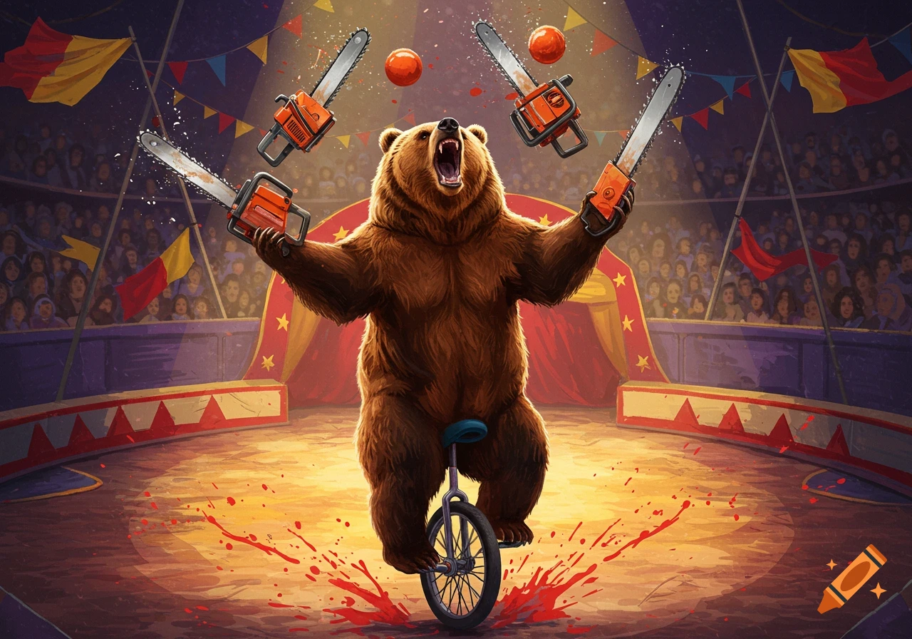 A cartoonish bear on a unicycle juggles multiple chainsaws and oranges in a brightly lit circus tent before an audience.