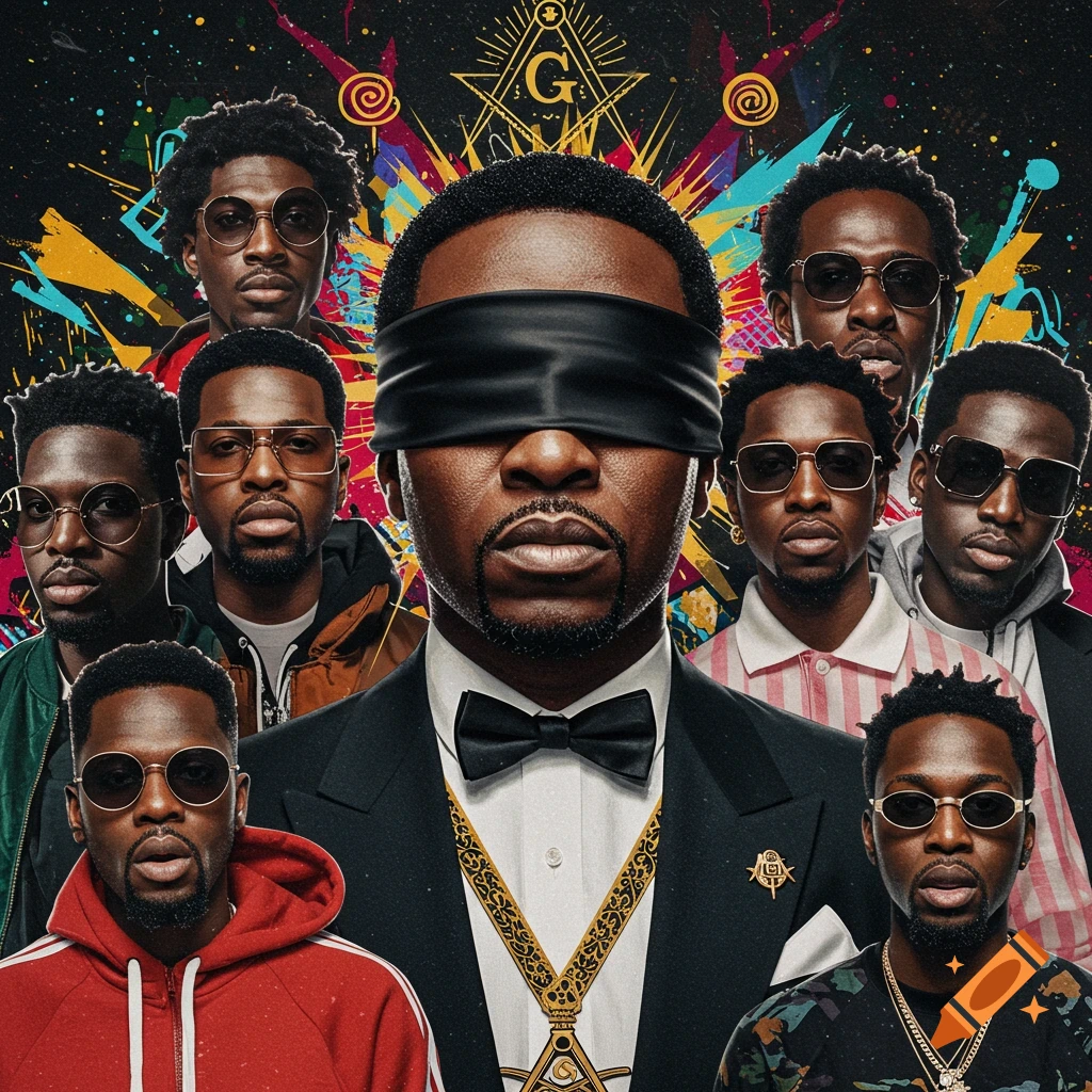 Illustrative group portrait of Black men. A blindfolded man in a suit with a Masonic collar is central, surrounded by others, against a vibrant background with a Masonic symbol.