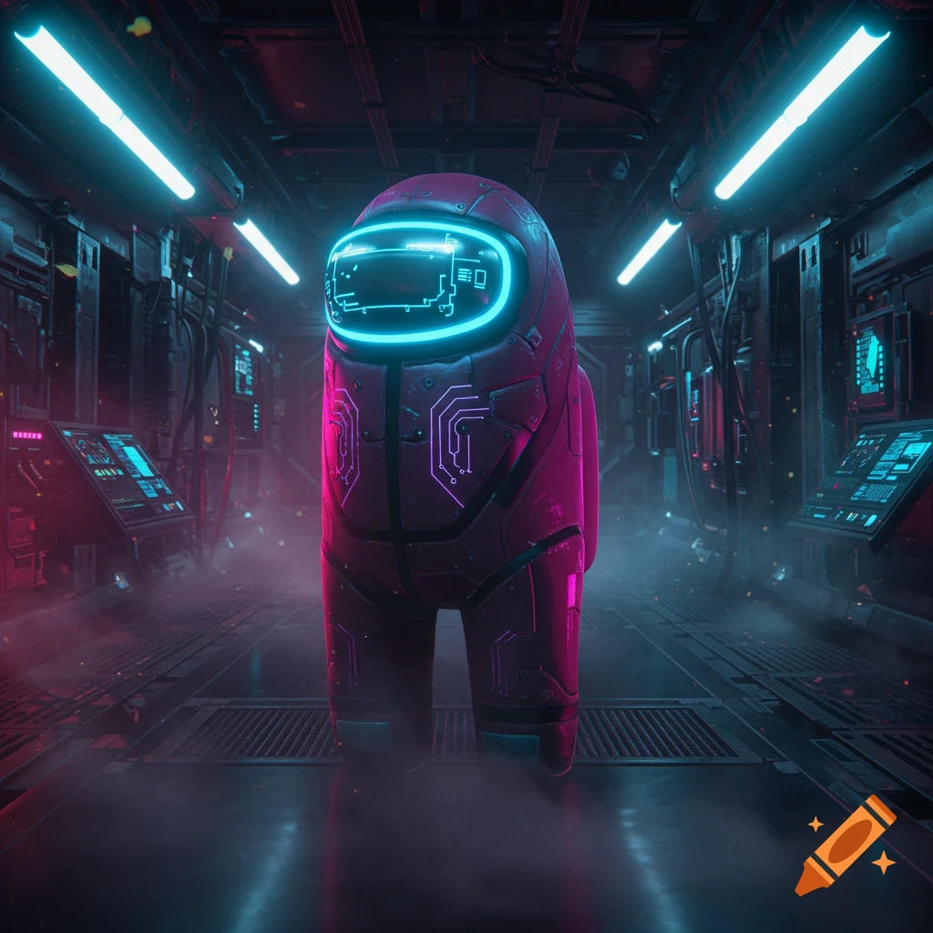 A red cybernetic Among Us character with neon blue and purple lights stands in a dark, futuristic spaceship corridor with glowing lights and fog.