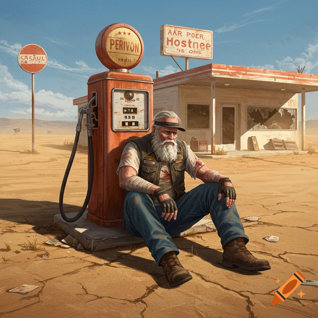 An old, wounded, bearded biker with a grey beard and black vest sits on the ground by an old, abandoned gas pump in a desert with a ruined petrol station in the background.