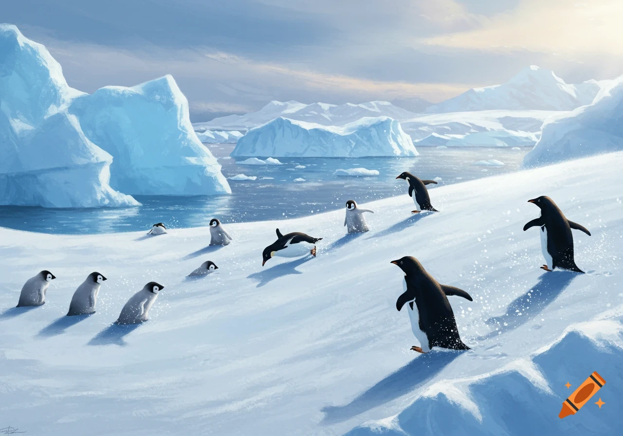 Digital painting of several penguins sliding and walking on a snowy slope in an arctic landscape with icebergs and water.