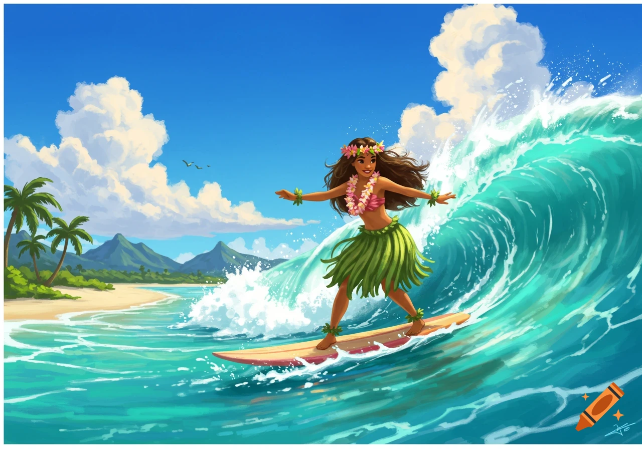 A vibrant cartoon illustration of a hula girl with a flower lei and grass skirt surfing a large wave on a tropical beach.