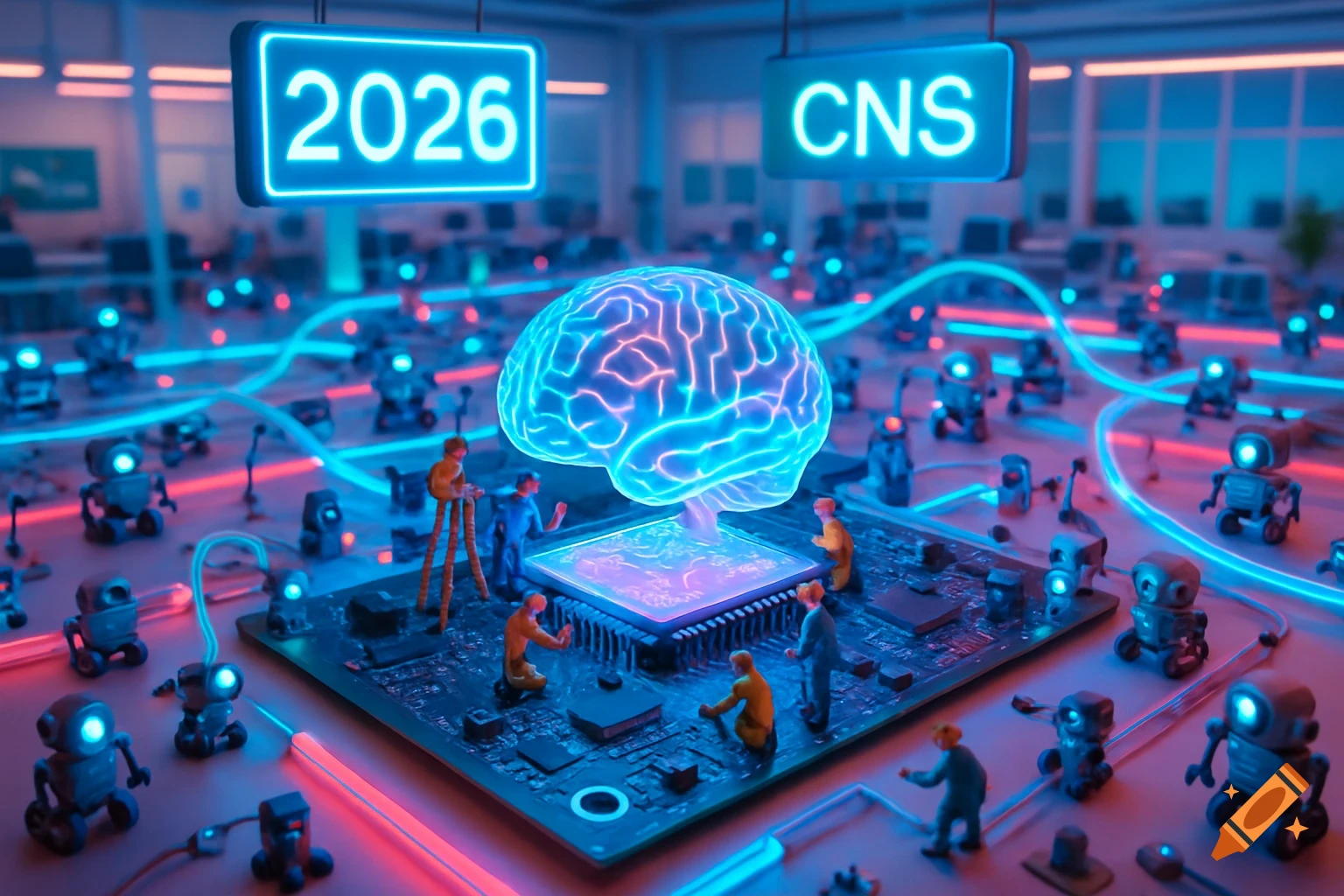 A futuristic AI workshop diorama with tiny engineers building a glowing brain-shaped chip on a motherboard, surrounded by robots and neon lights. Signs read '2026' and 'CNS'.