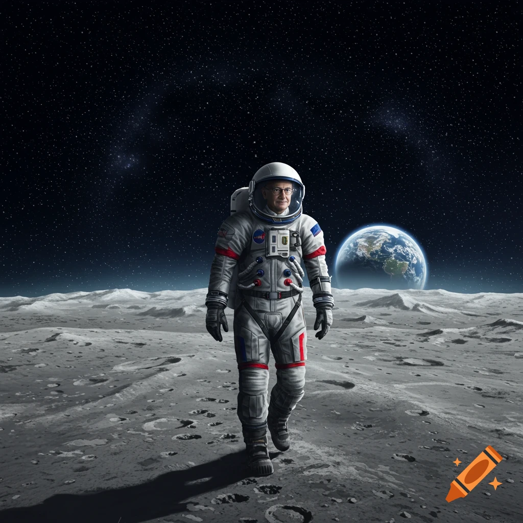 A man in an astronaut suit walks across the moon's cratered surface with Earth visible in the dark, star-filled sky.