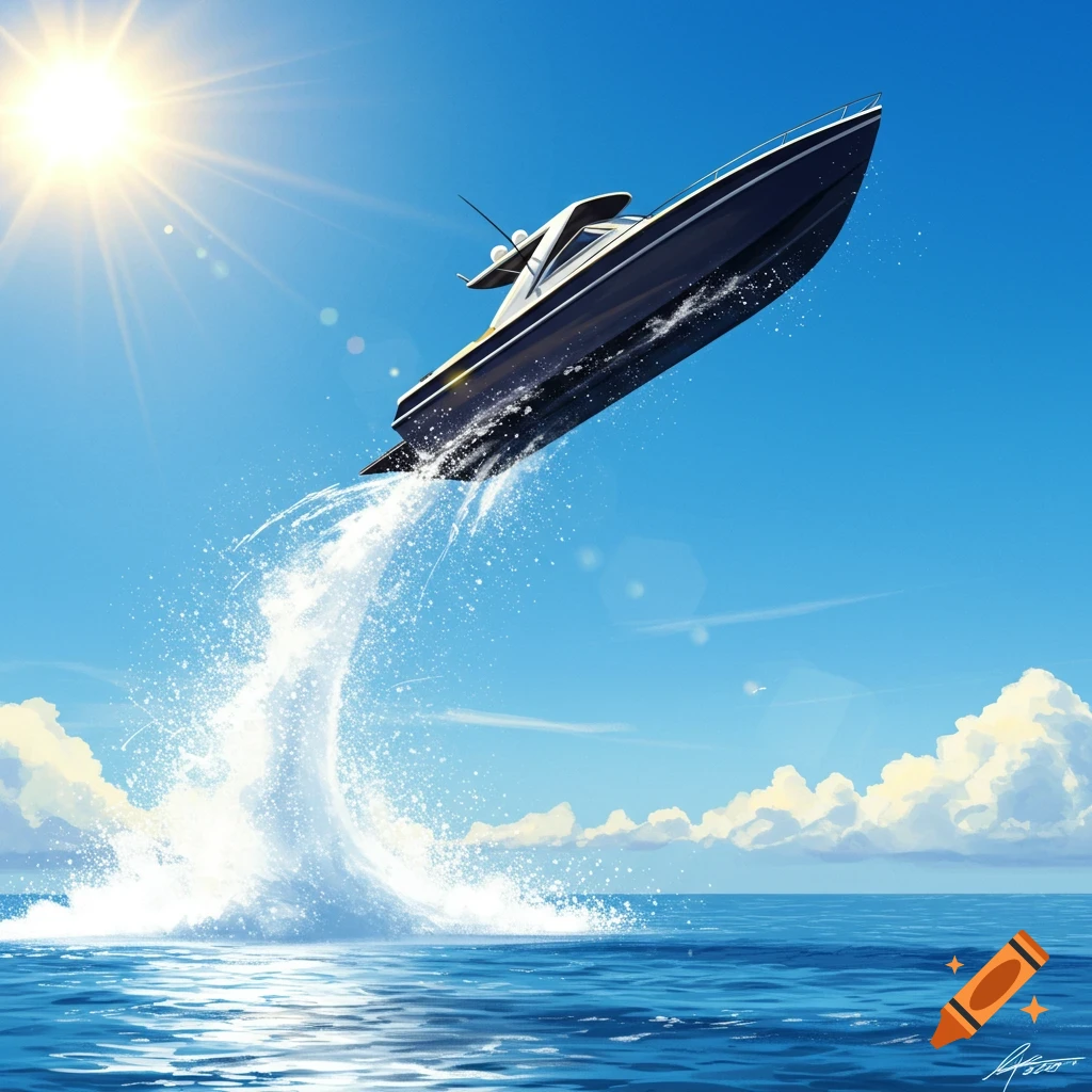 A dark blue speedboat jumps high out of clear blue ocean water, creating a massive white splash under a bright sun in a clear sky, in a digital art style.