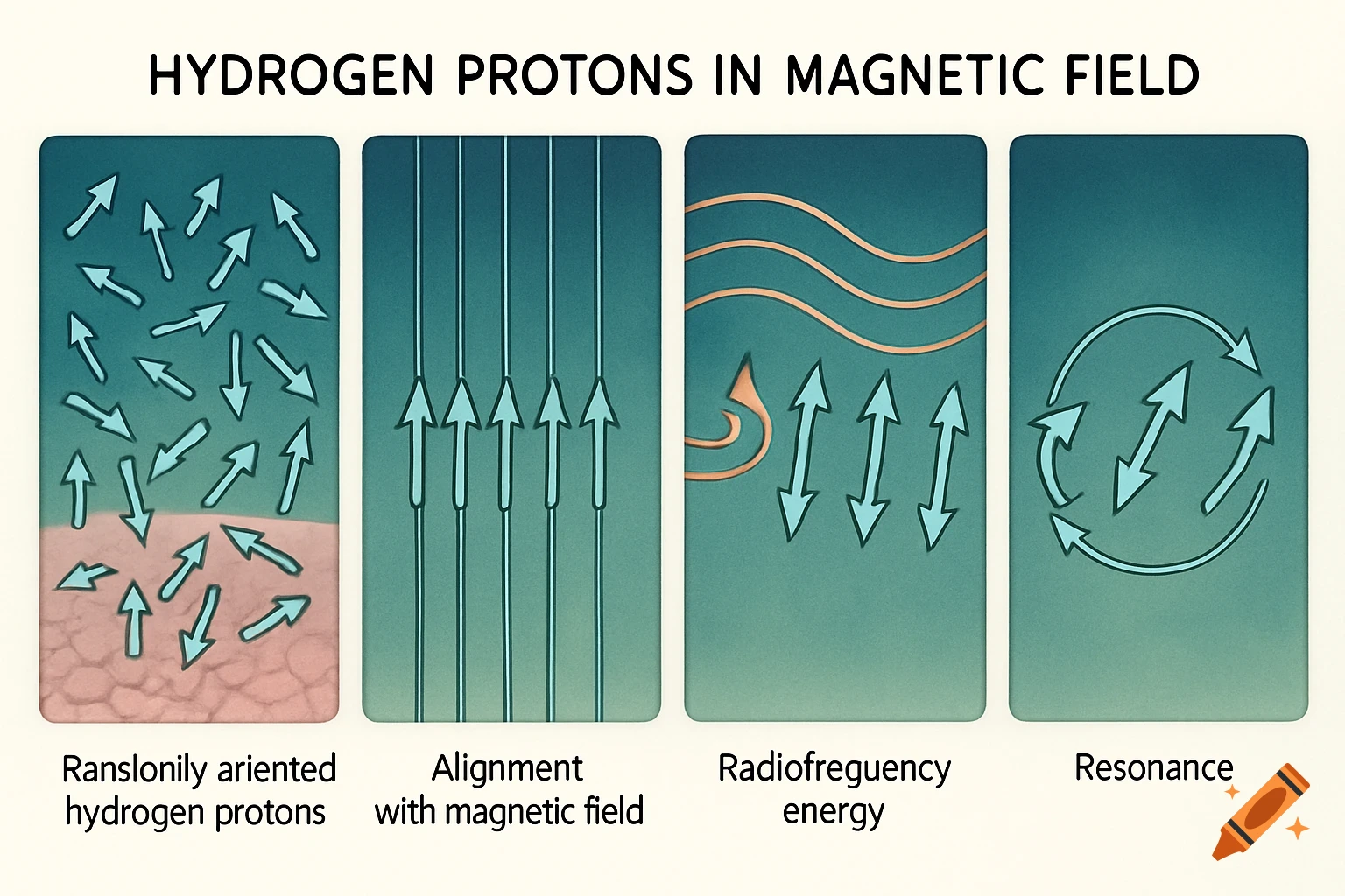 A four-panel diagram illustrating hydrogen protons in a magnetic field, showing random orientation, alignment, radiofrequency energy interaction, and resonance.