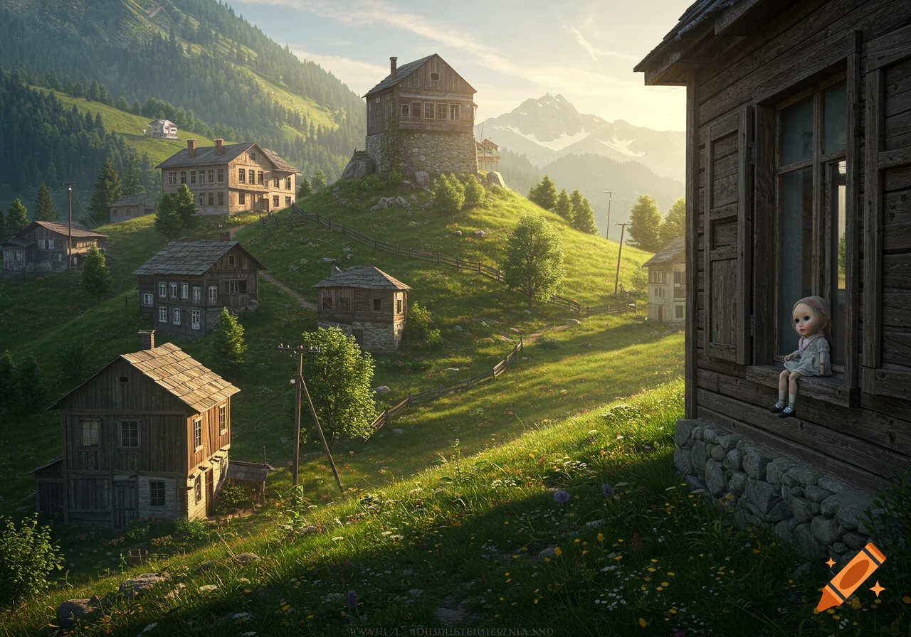 A photorealistic image of a scenic mountain village with old wooden houses on green hillsides, a doll sits on a window sill in the foreground.