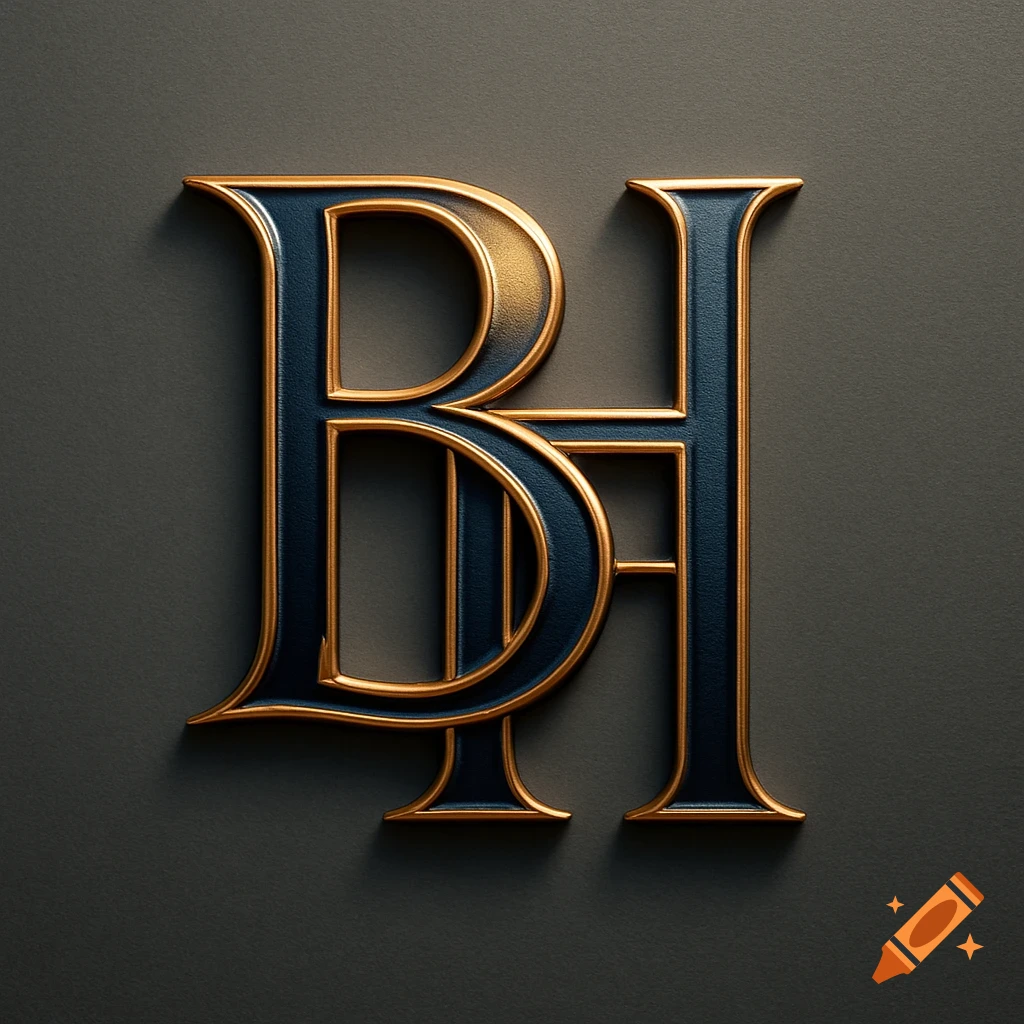 A luxurious 3D monogram of the letters B and H in dark blue with golden outlines on a gray background.
