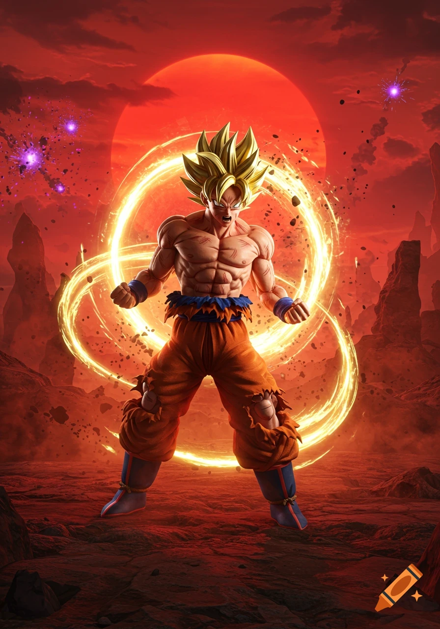 Goku, Super Saiyan, stands on a desolate red planet under a red sun, enveloped by glowing energy in a detailed 3D render.