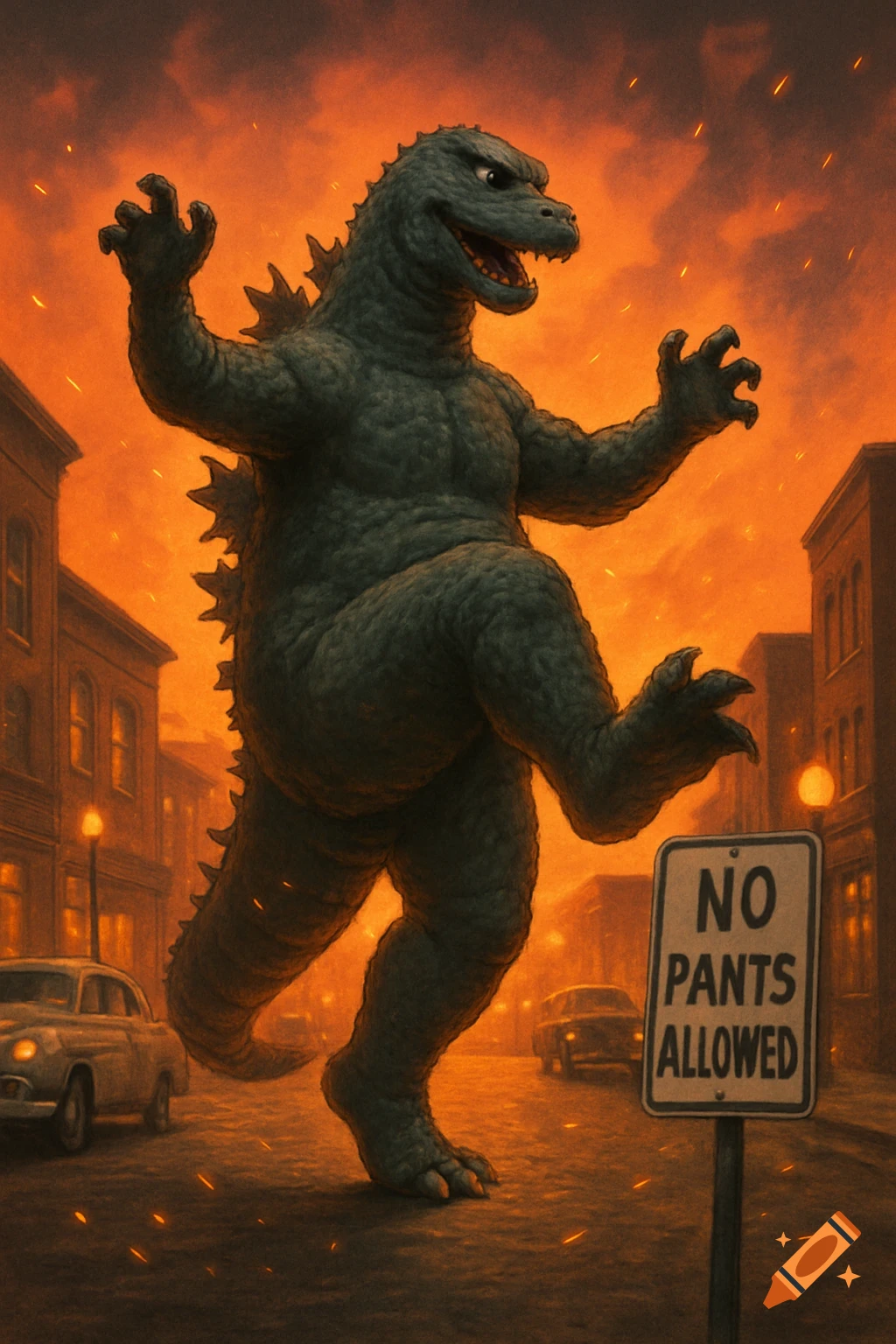 Classic Godzilla dances joyfully in a smoky, glowing city street at sunset, towering over cars, with a "NO PANTS ALLOWED" sign.