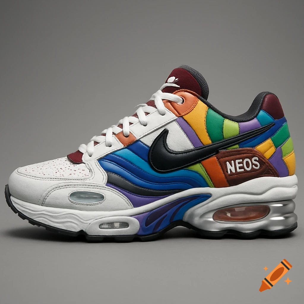 A colorful, unique concept sneaker blending elements of various Nike models, with 'NEOS' text, on a gray background.