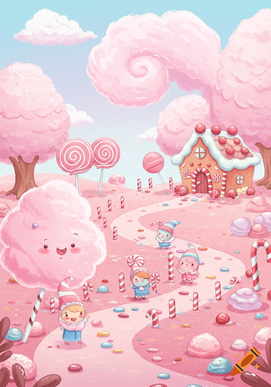 A vibrant cartoon candy land with gnome-like characters on a path, pink cotton candy trees, lollipops, and a gingerbread house.
