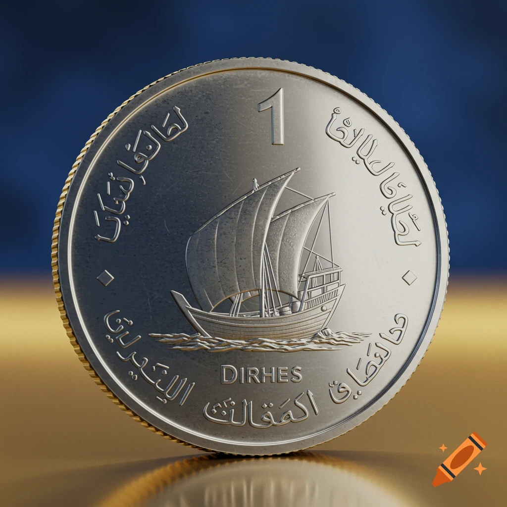 Close-up of a silver coin with a golden rim, featuring the number 1, a sailing ship, and the word DIRHES, with Arabic text.
