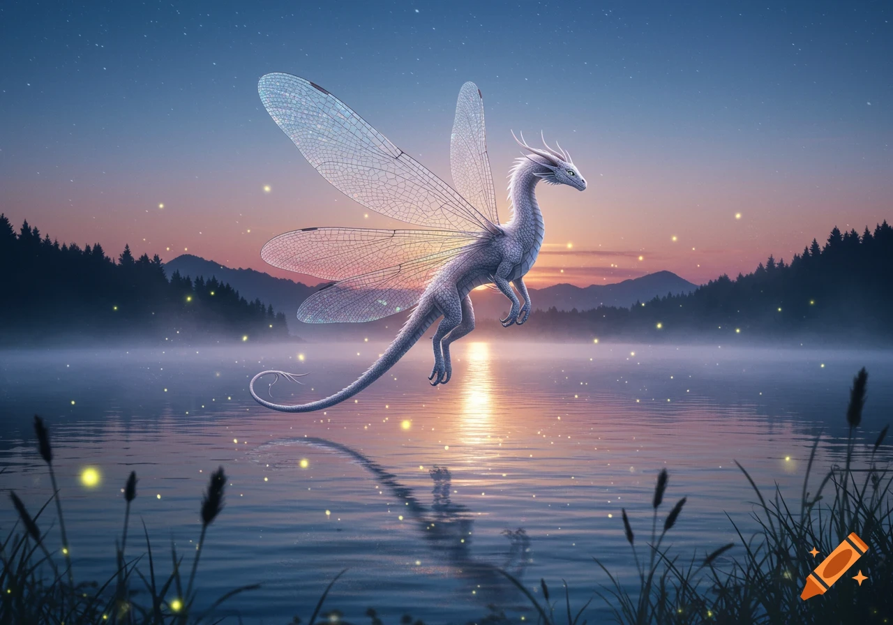 A majestic white dragon with large, translucent dragonfly wings hovers ...