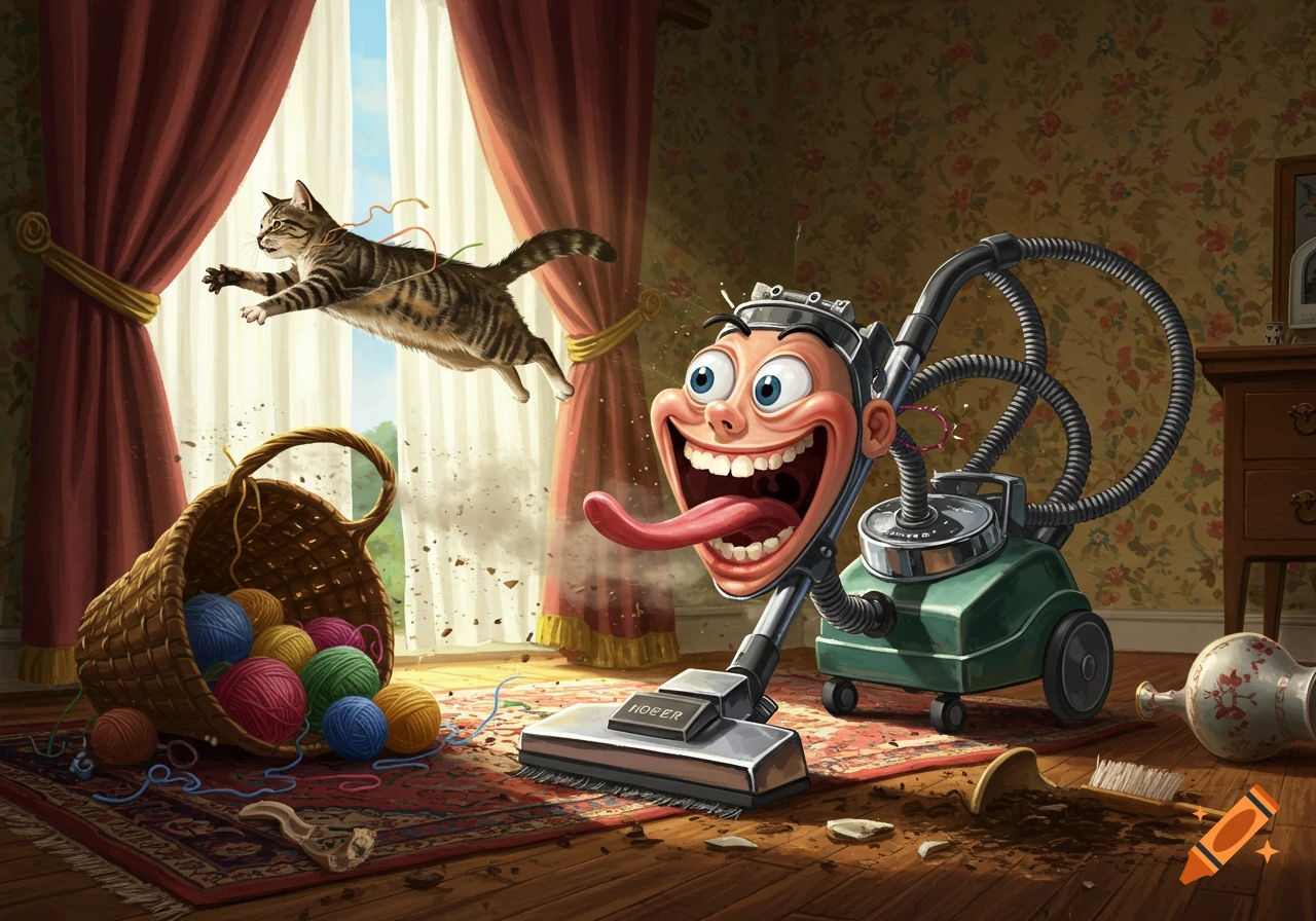 A cartoon tabby cat leaps over a yarn basket, pursued by a grinning vacuum cleaner in a chaotic living room. Detailed illustration.