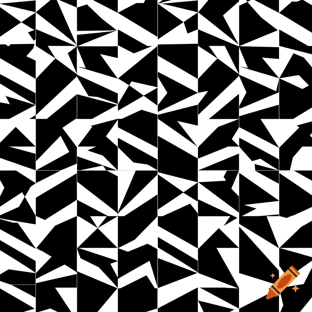 A seamless, repeating pattern of abstract black and white geometric shapes.
