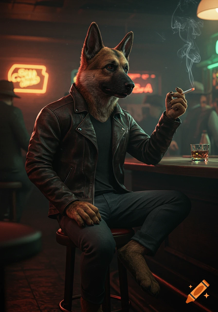 Photorealistic image of a cool anthropomorphic German Shepherd in a leather jacket, sitting at a dimly lit bar, smoking a cigarette and holding a whiskey glass.