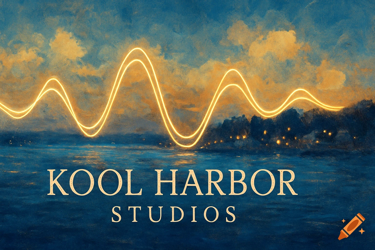 Painterly harbor scene at dusk with glowing gold sound waves above dark blue water and 'KOOL HARBOR STUDIOS' text.
