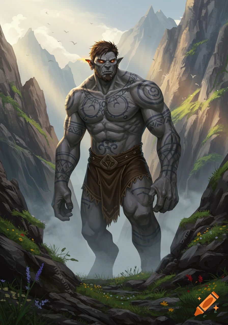 A muscular, grey-skinned D&D goliath with tribal tattoos and orange eyes stands in a misty mountain pass, wearing a loincloth. Fantasy art.
