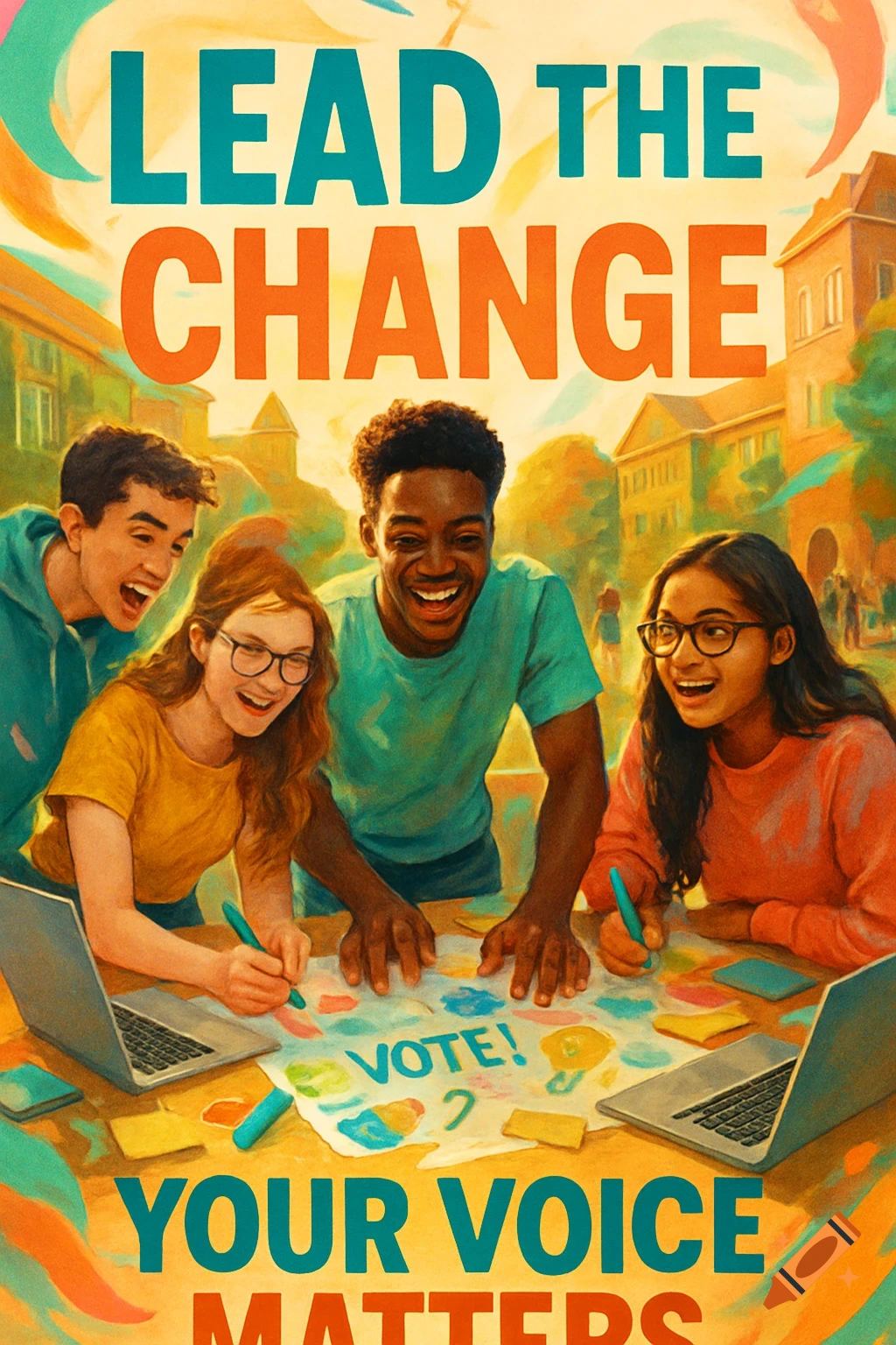 Vibrant poster of four diverse young adults smiling, drawing on a map that says 'VOTE!' with 'LEAD THE CHANGE YOUR VOICE MATTERS'.