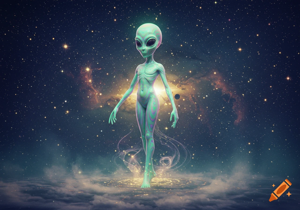 A light green and purple-striped humanoid alien stands in a cosmic scene with stars, nebulae, and glowing energy.