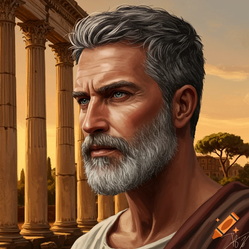 An illustration of a stern grey-haired man with a beard in a toga, standing before Roman columns at sunset.