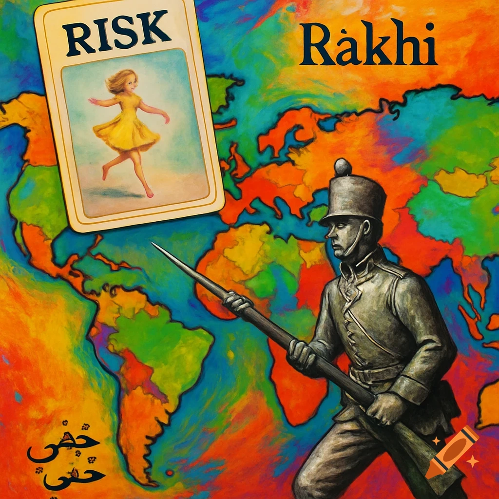 A colorful, painted world map background with a grey toy soldier, a 'Risk' game card showing a girl dancing, and text 'Rakhi'.