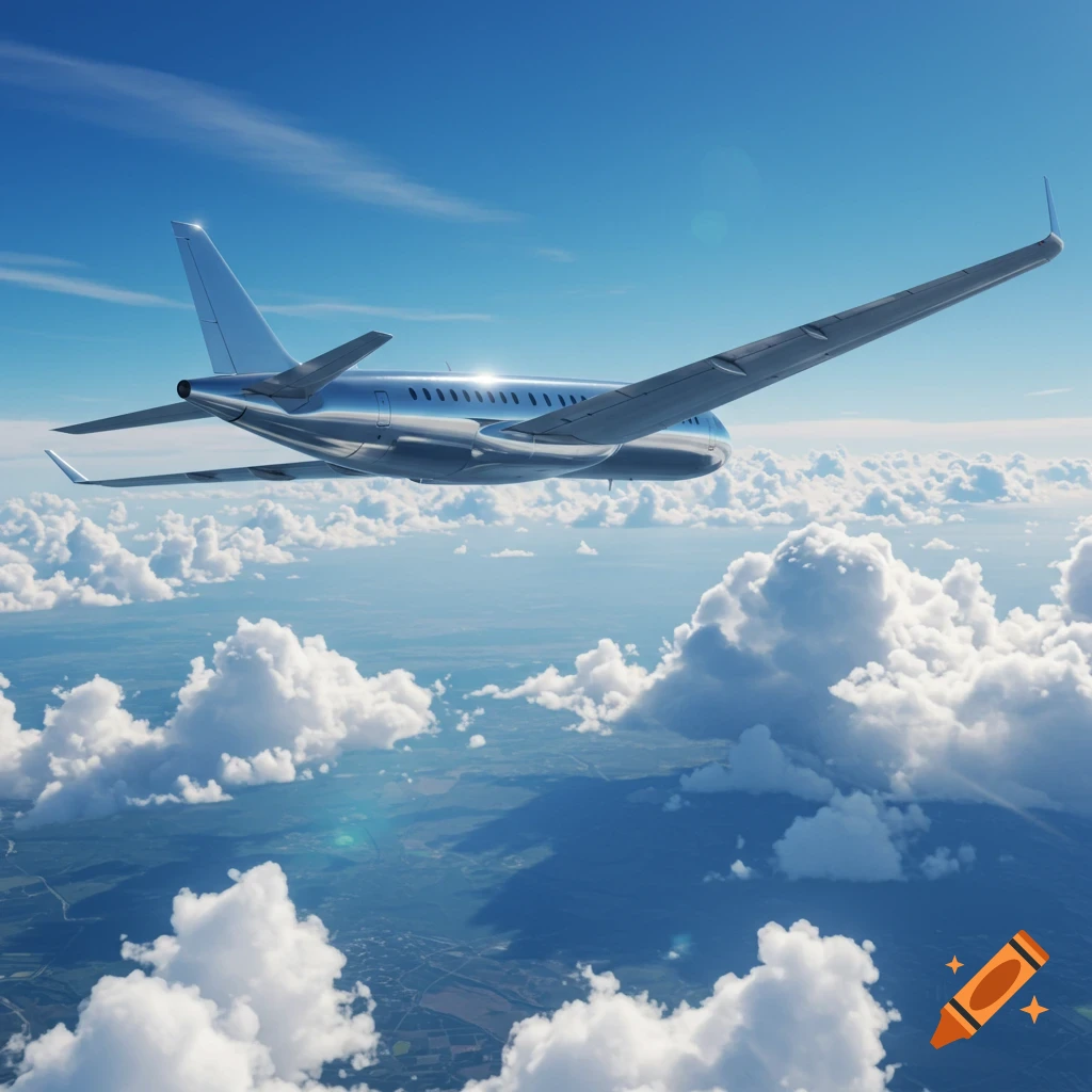 A sleek silver plane with unique wing design flies high above a layer of white clouds with blue sky visible.