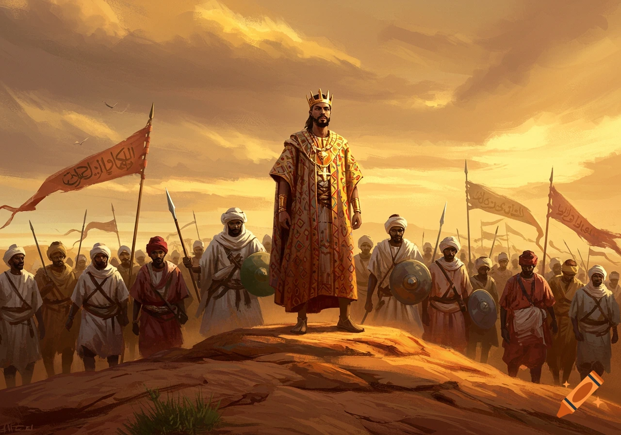 A king in ornate robes and crown stands on a dune, leading an army of warriors with spears and shields under a golden, cloudy sky.