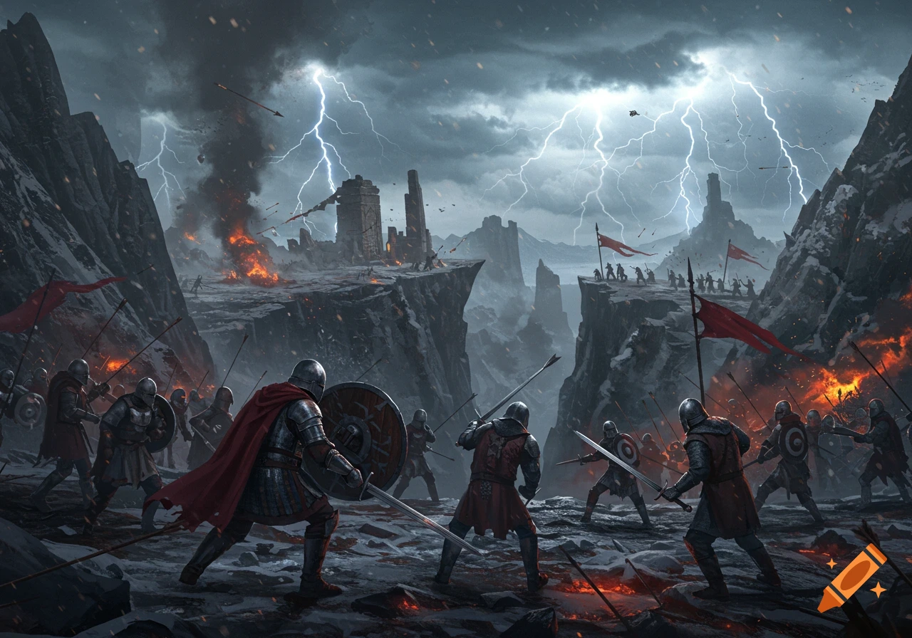 Epic fantasy battle in a stormy mountain pass, with armored soldiers clashing amidst lightning, fire, and ancient ruins.