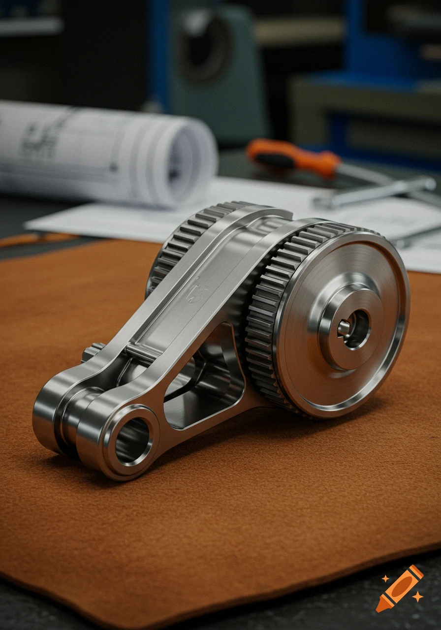 Close-up of a shiny silver metal tensioner on a brown mat, with blurred blueprints and tools in the background in a workshop setting.