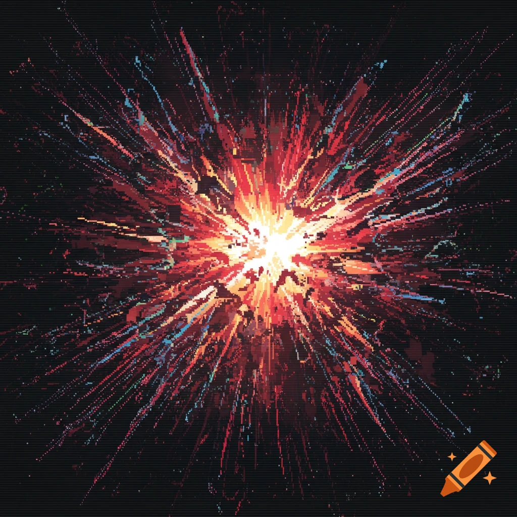 A vibrant pixel art explosion of red, orange, and blue digital noise and static on a dark background, evoking glitch art and cyberpunk chaos.