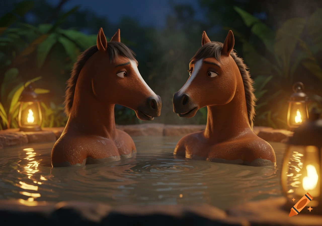 Two cartoon anthropomorphic horses relaxing face-to-face in a hot tub at night, with glowing lanterns.