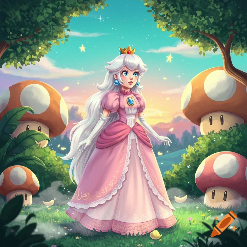 Vibrant cartoon illustration of Princess Peach in a pink gown standing in an enchanted forest with large mushrooms under a starry sunset sky.