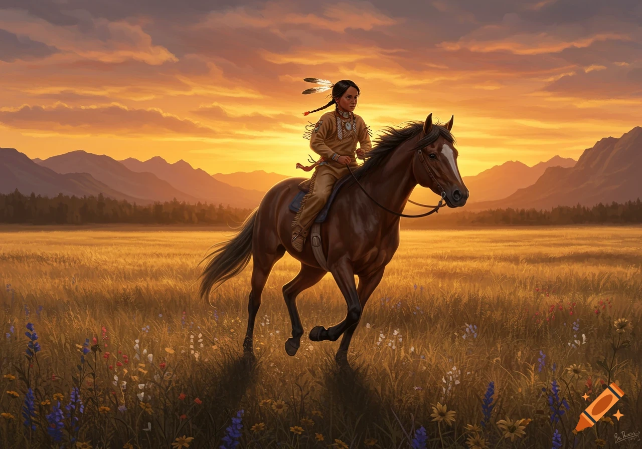 A Native American person with braided hair rides a horse through a field of wildflowers at sunset, mountains in background.