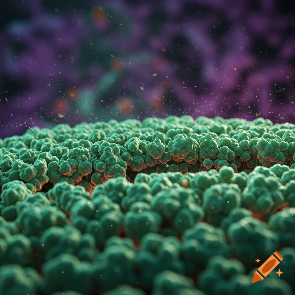 A close-up, photorealistic microscopic view of green bumpy cellular structures on a surface with a blurred purple background.