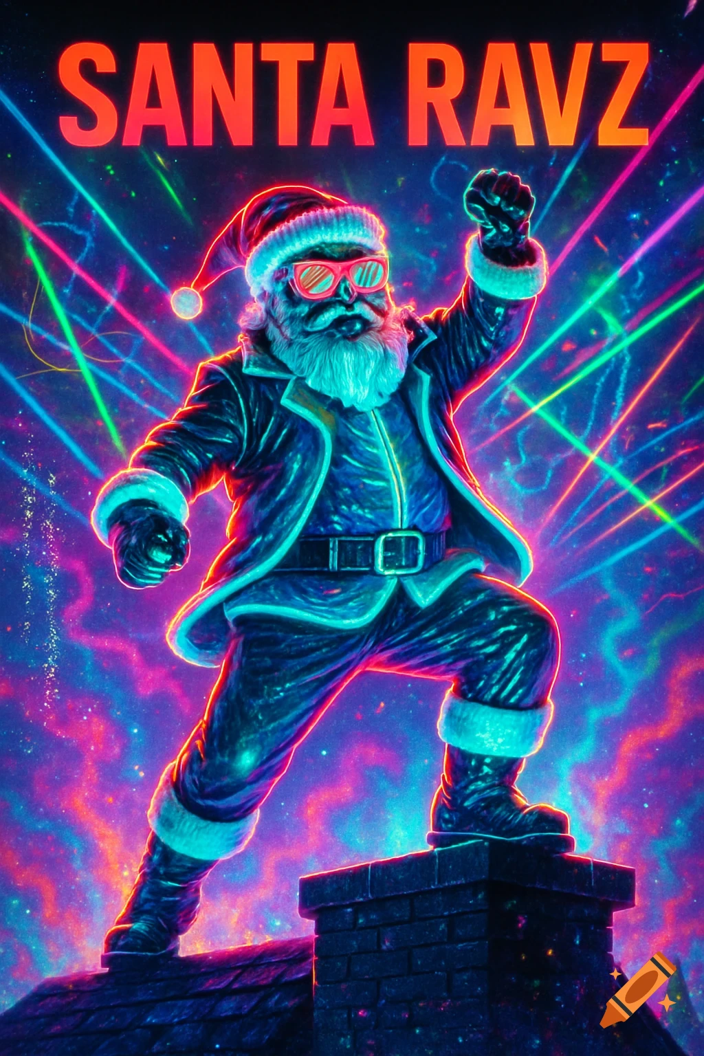 A neon-lit Santa Claus in sunglasses and a rave-style outfit stands on a chimney, fist raised, against a vibrant, abstract background with colorful laser lights and the text "SANTA RAVZ".