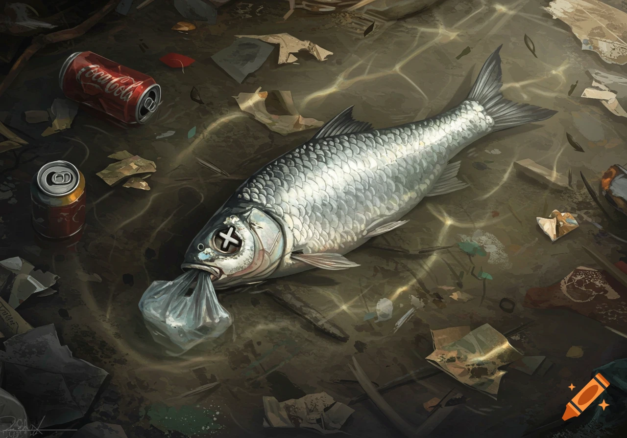Dead fish with an 'X' on its eye and a plastic bag in its mouth, surrounded by trash and soda cans in murky water, digital illustration.