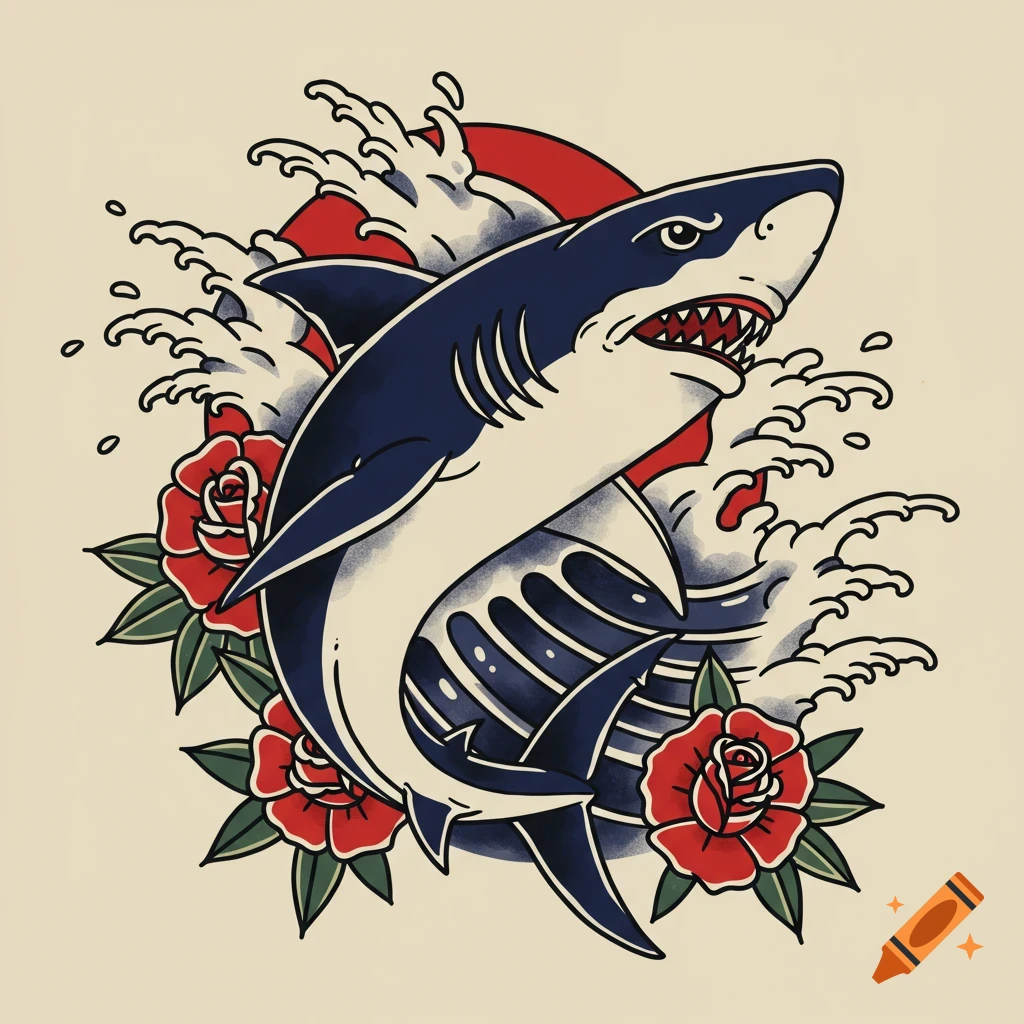 An old school tattoo design featuring a blue and white shark jumping from waves, flanked by red roses, against a red sun.