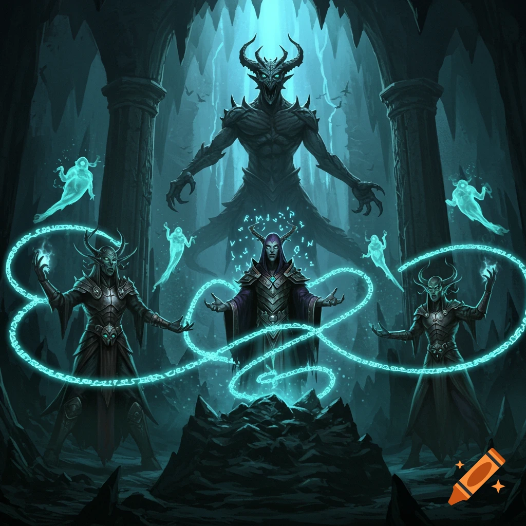 A dark fantasy scene with three horned, robed figures performing a ritual with glowing blue chains. A large, horned demon-like figure looms behind them, with ghostly figures floating around in a cave.
